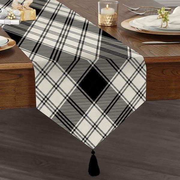 Plaid Table Runner|High Quality Triangle Chenille Table Runner|Decorative Tabletop|Tartan Pattern Table Runner|Checkered Tasseled Runner