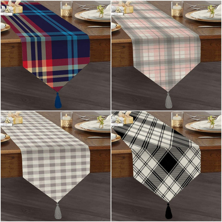 Plaid Table Runner|High Quality Triangle Chenille Table Runner|Decorative Tabletop|Tartan Pattern Table Runner|Checkered Tasseled Runner