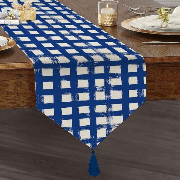 Plaid Table Runner|High Quality Triangle Chenille Table Runner|Decorative Tabletop|Tartan Pattern Table Runner|Checkered Tasseled Runner