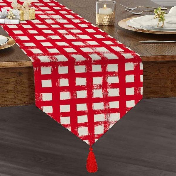 Plaid Table Runner|High Quality Triangle Chenille Table Runner|Decorative Tabletop|Tartan Pattern Table Runner|Checkered Tasseled Runner