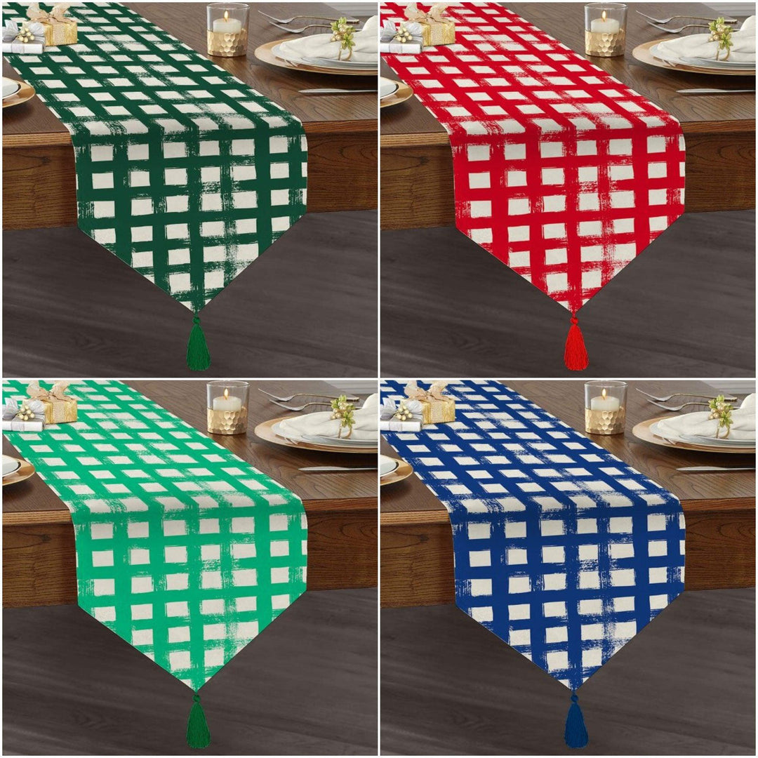 Plaid Table Runner|High Quality Triangle Chenille Table Runner|Decorative Tabletop|Tartan Pattern Table Runner|Checkered Tasseled Runner