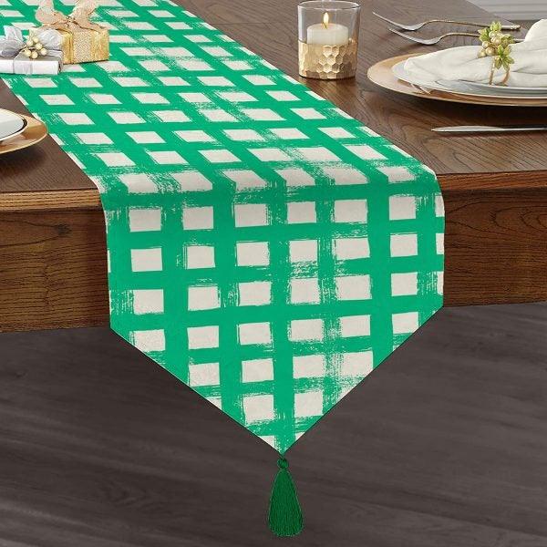 Plaid Table Runner|High Quality Triangle Chenille Table Runner|Decorative Tabletop|Tartan Pattern Table Runner|Checkered Tasseled Runner