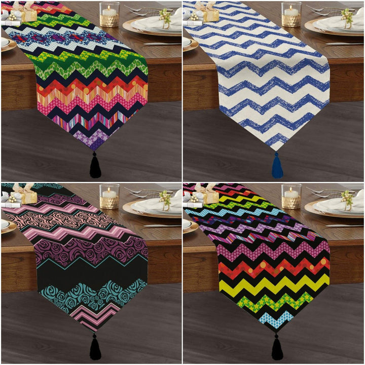 Zigzag Pattern Table Runner|High Quality Triangle Chenille Table Runner|Decorative Tabletop| Colorful Zigzag Tabletop|Zigzag Tasseled Runner