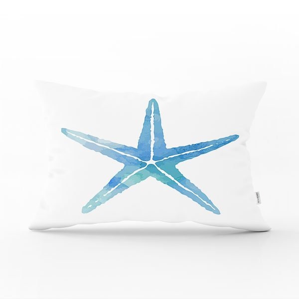 Beach House Pillow Cover|Rectangle Coastal Cushion Case|Decorative Sea Creatures Pillow|Turquoise Seahorse Oyster Seashell Starfish Pillow