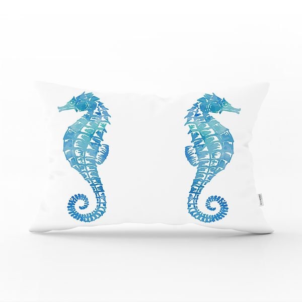 Beach House Pillow Cover|Rectangle Coastal Cushion Case|Decorative Sea Creatures Pillow|Turquoise Seahorse Oyster Seashell Starfish Pillow