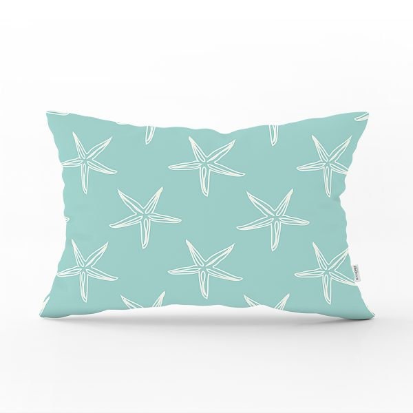 Beach House Pillow Cover|Rectangle Coastal Cushion Case|Decorative Sea Creatures Pillow|Turquoise Seahorse Oyster Seashell Starfish Pillow