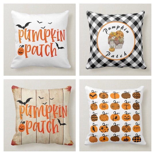 Halloween Pillow Case|Fall Trend Pumpkin Patch Cushion|Autumn Cushion Case|Checkered Orange Pumpkins Throw Pillow|Bats Home Decor|Fall Decor