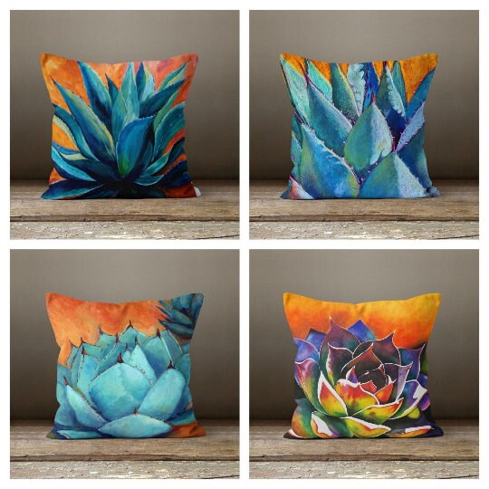 Floral Pillow Cover|Succulent Pillow Cover|Orange Green Cushion Case|Decorative Pillow Case|Bedding Home Decor|Housewarming Pillow Cover