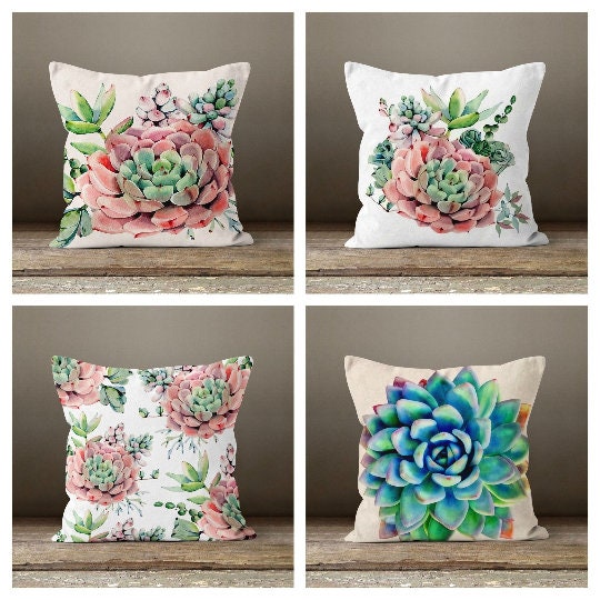 Floral Pillow Cover|Succulent Pillow Cover|Pink Green Pillow Case|Decorative Cushion Case|Boho Bedding Home Decor|Housewarming Pillow Cover