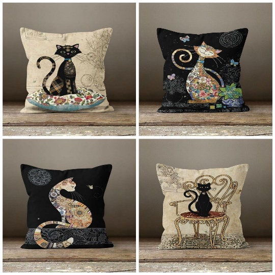 Cute Cat Pillow Covers|Cat Pattern Cushion Case|Housewarming Patchwork Style Throw Pillow|Decorative Bedding Home Decor|Outdoor Pillow Case