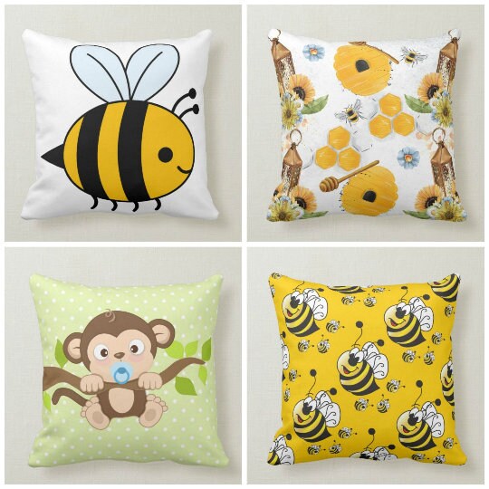 Kids Pillow Covers|Cartoon Bee Kids Room Pillow|Baby Monkey Pillow|Bedding Home Decor|Housewarming Cushion Case|Beehive Throw Pillow Cover