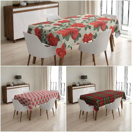 Christmas Table Cloths|Rectangle Home Decor Table Cloth|Housewarming Red Xmas Table Cover|Kitchen Table Decor|Red Rose Outdoor Table Cloth