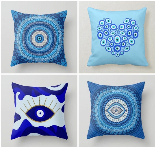 Evil Eye Pillow Cover|Turkish Greek Blue Evil Eye Cushion Case|Good Luck Home Decor|Protection Amulet Throw Pillow|Nazar Bead Boho Bedding