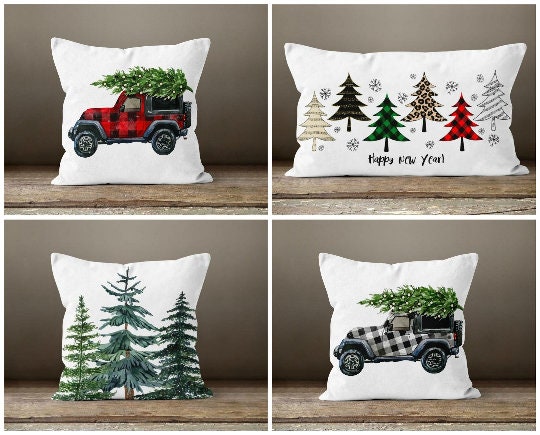 Winter Pillow Covers|Xmas Pine Tree Decor|Winter Decorative Pillow Case|Happy New Year Throw Pillow|Truck Pillow Cover|Winter Home Decor