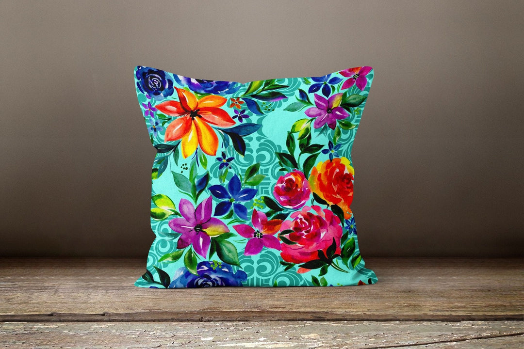 Floral Pillow Cover|Colorful Flowers Cushion Case|Square Throw Pillow|Summer Trend Home Decor|Housewarming Gift Idea|Outdoor Pillow Cover