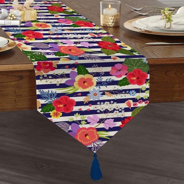 Floral Table Runner|High Quality Triangle Chenille Table Runner|Summer Trend Tabletop|Farmhouse Tabletop|Flowers on Stripes Tasseled Runner