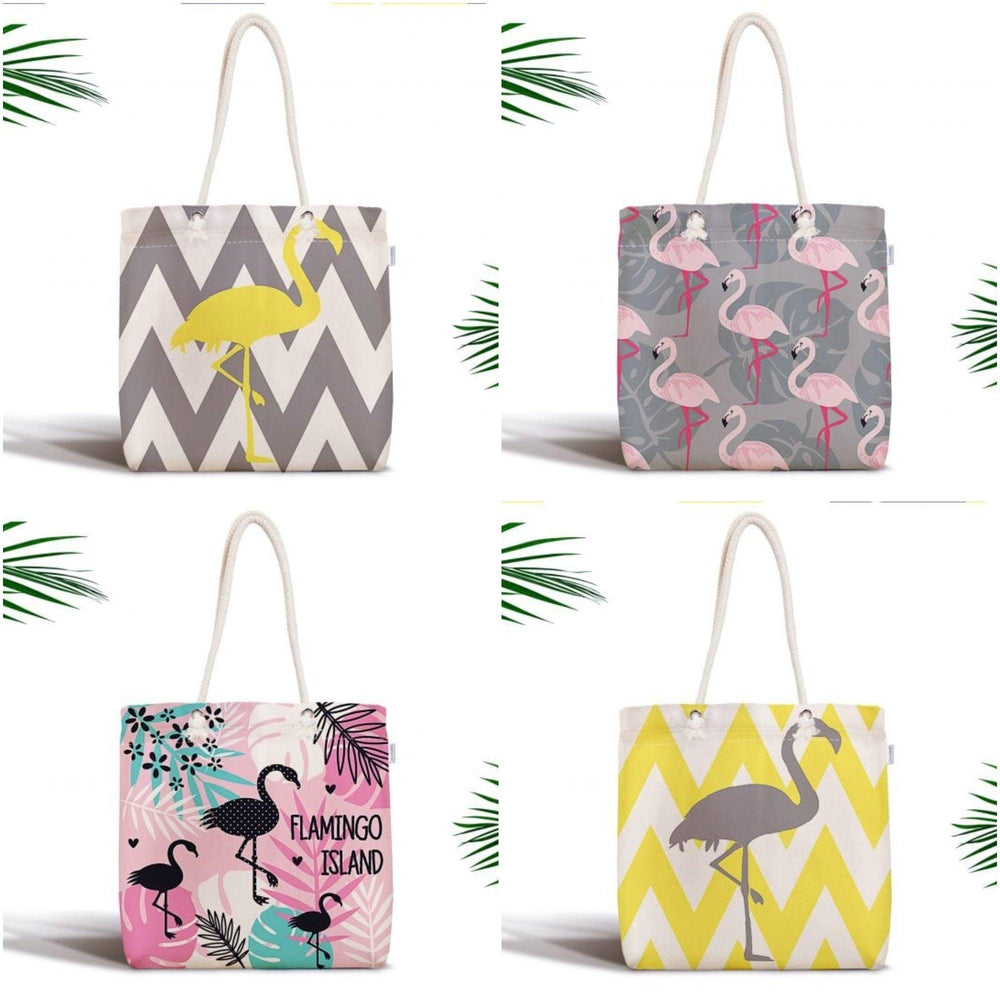 Flamingo Shoulder Bag|Flamingo Island Fabric Handbag|Yellow and Gray Flamingo on Zigzag Pattern|Beach Tote Bag|Boho Style Women&#39;s Purse