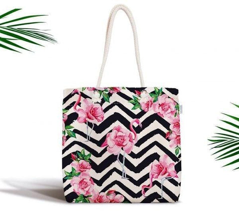 Flamingo Shoulder Bag|Floral Pink Flamingo Fabric Handbag|Black White Patterned Flamingo Handbag|Beach Tote Bag|Purse for Women|Shopping Bag