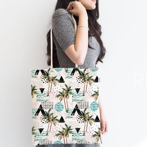 Palm Tree Shoulder Bag|Floral Fabric Handbag with Palm Tree Island and Globe|Floral Beach Tote Bag|Summer Trend Messenger Bag|Gift for Her