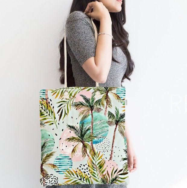 Palm Tree Shoulder Bag|Floral Fabric Handbag with Black Blue Green Palm Tree|Floral Beach Tote Bag|Summer Trend Messenger Bag|Gift for Her