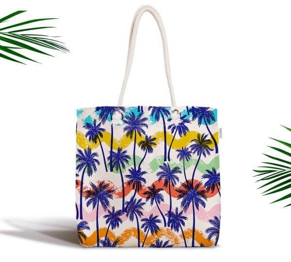 Palm Tree Shoulder Bag|Floral Fabric Handbag with Purple and Blue Palm Tree|Floral Beach Tote Bag|Summer Trend Messenger Bag|Gift for Her