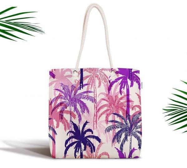 Palm Tree Shoulder Bag|Floral Fabric Handbag with Purple and Blue Palm Tree|Floral Beach Tote Bag|Summer Trend Messenger Bag|Gift for Her