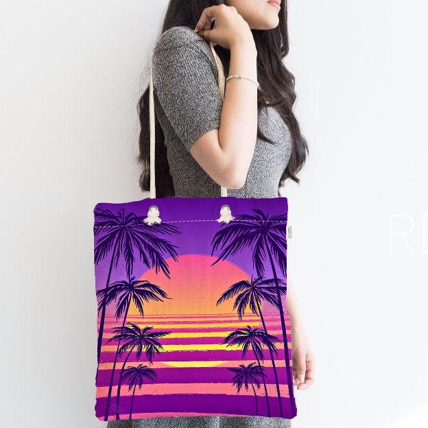 Palm Tree Shoulder Bag|Floral Fabric Handbag with Purple and Blue Palm Tree|Floral Beach Tote Bag|Summer Trend Messenger Bag|Gift for Her