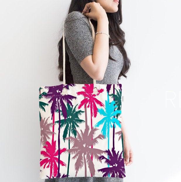 Palm Tree Shoulder Bag|Floral Fabric Handbag with Purple and Blue Palm Tree|Floral Beach Tote Bag|Summer Trend Messenger Bag|Gift for Her