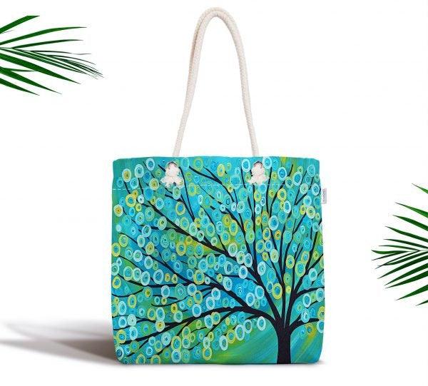 Tree Shoulder Bag|Floral Fabric Handbag with Turquoise Gray Green Pink Tree|Floral Beach Tote Bag|Summer Trend Messenger Bag|Gift for Her