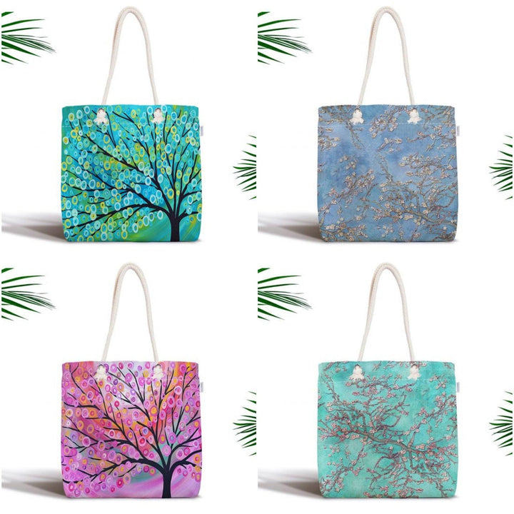 Tree Shoulder Bag|Floral Fabric Handbag with Turquoise Gray Green Pink Tree|Floral Beach Tote Bag|Summer Trend Messenger Bag|Gift for Her