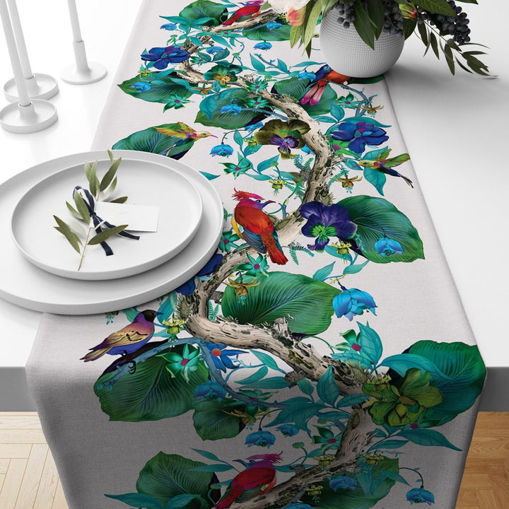 Floral Table Runner|Summer Trend Table Top|Floral Home Decor|Colorful Bird, Flamingo and Leaves Tablecloth|Housewarming Table Runner