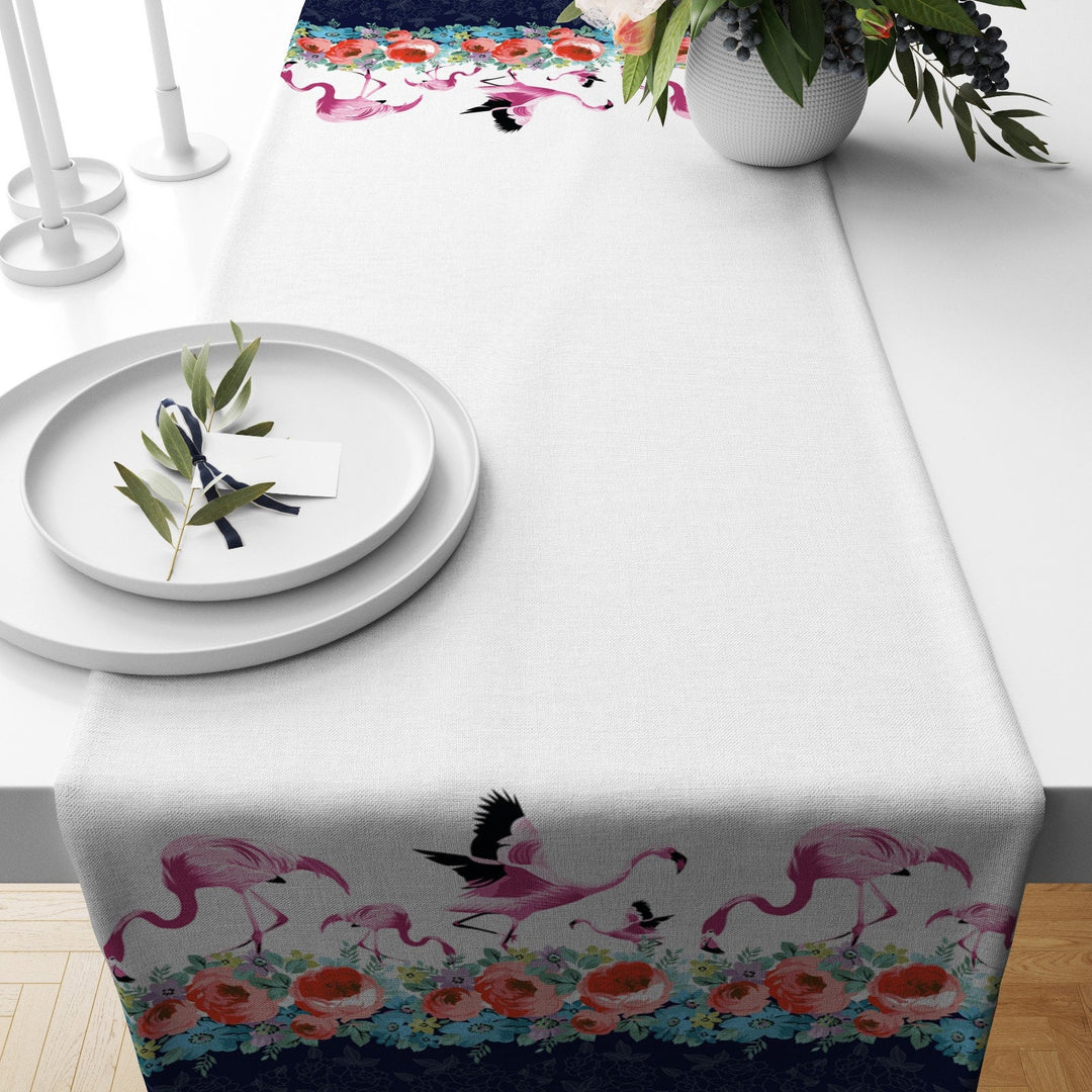 Floral Table Runner|Summer Trend Table Top|Floral Home Decor|Colorful Bird, Flamingo and Leaves Tablecloth|Housewarming Table Runner