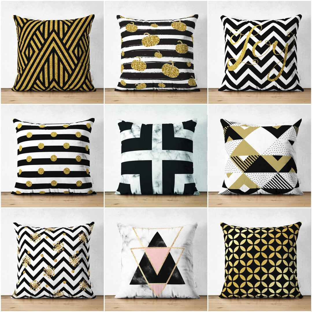 Geometric Pillow Cover|Modern Design Suede Pillow Case|Black Gold Home Decor|Decorative Pillow Case|Farmhouse Style Authentic Pillow Case