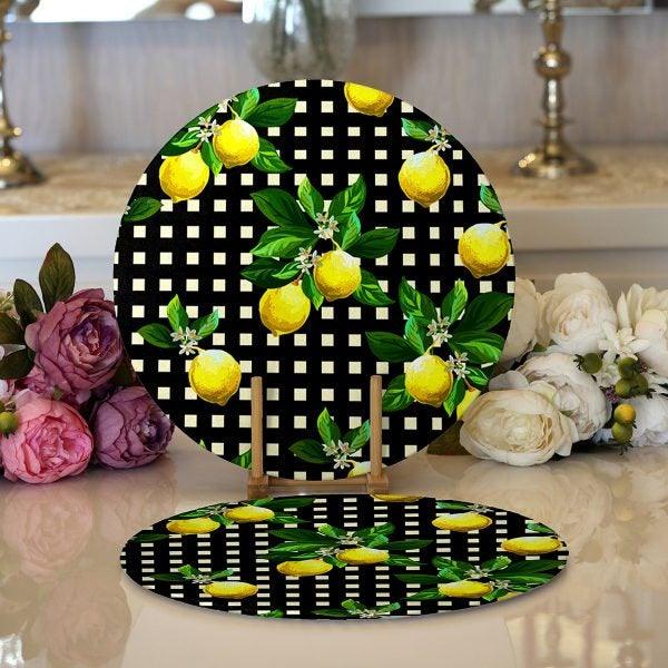 Lemon Placemat & Table Runner|Floral Lemon Table Top|Set of 2 Lemon Supla Table Mat|Round American Service Dining Underplate|Lemon Coasters