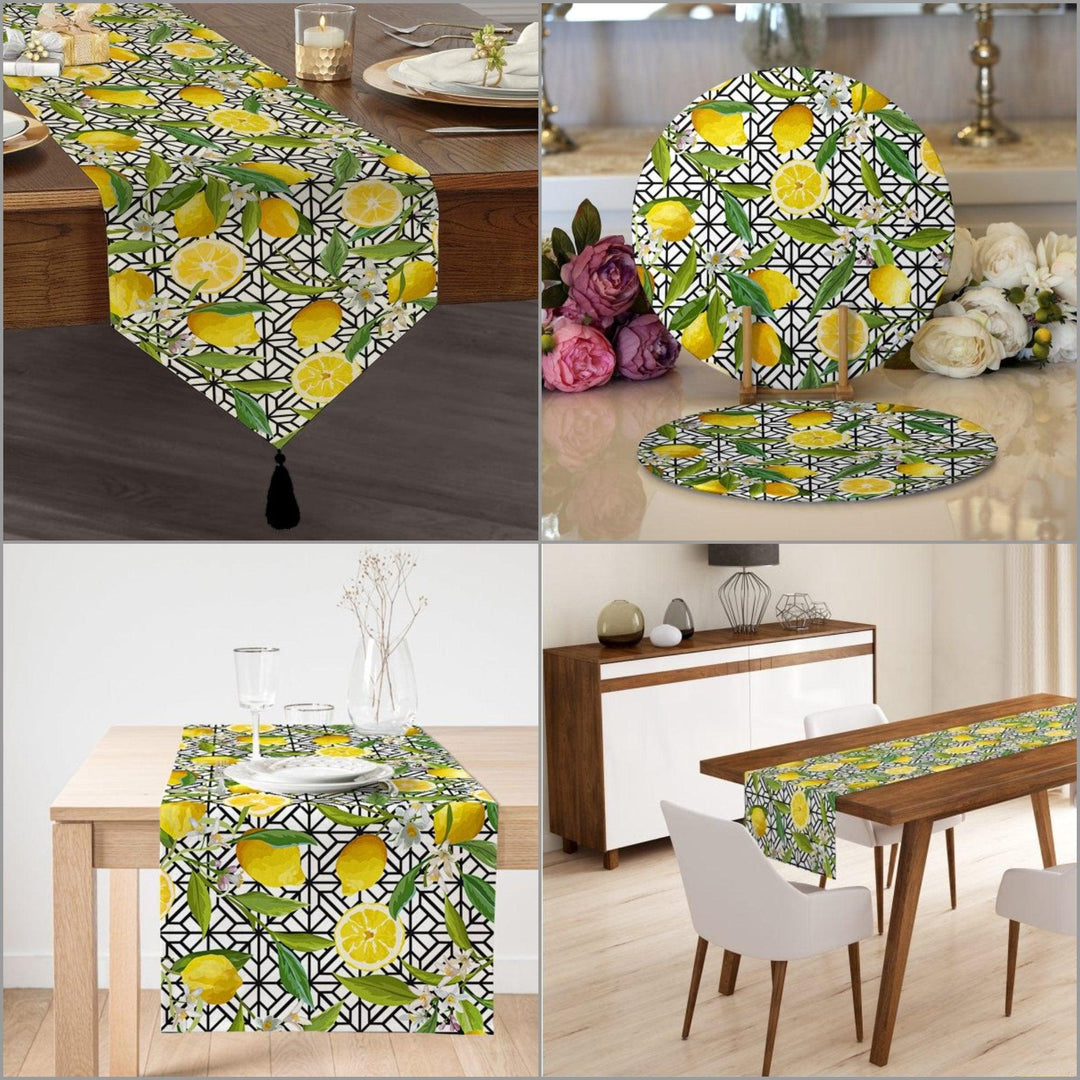 Lemon Placemat & Table Runner|Floral Lemon Table Top|Set of 2 Lemon Supla Table Mat|Round American Service Dining Underplate|Lemon Coasters