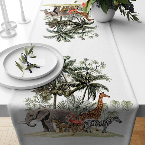 Animal Print Table Runner|Floral Animal Table Top|Colorful Elephant, Zebra, Giraffe, Flamingo and Cheetah Tablecloth|Palm Tree Table Runner