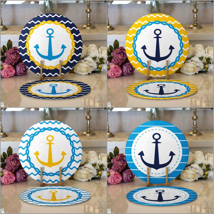 Nautical Placemat|Set of 2 Nautical Supla Table Mat|Navy Anchor Round American Service Dining Underplate|Blue Yellow Beach House Coasters