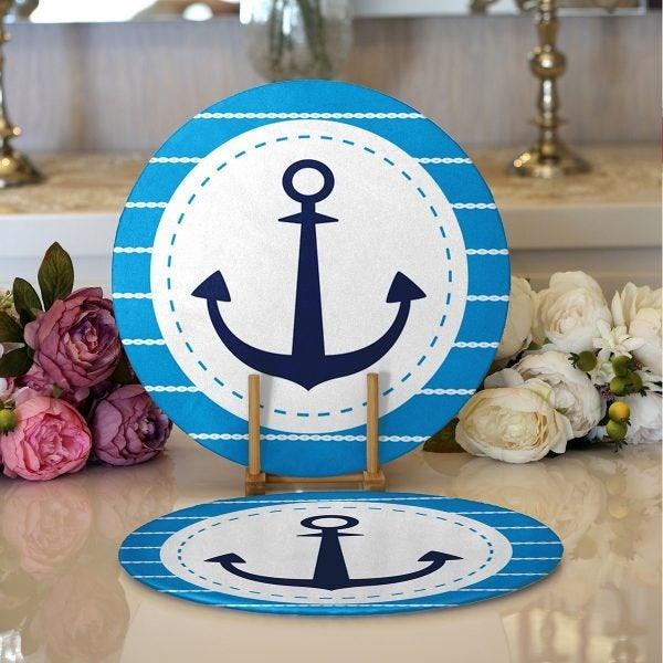 Nautical Placemat|Set of 2 Nautical Supla Table Mat|Navy Anchor Round American Service Dining Underplate|Blue Yellow Beach House Coasters