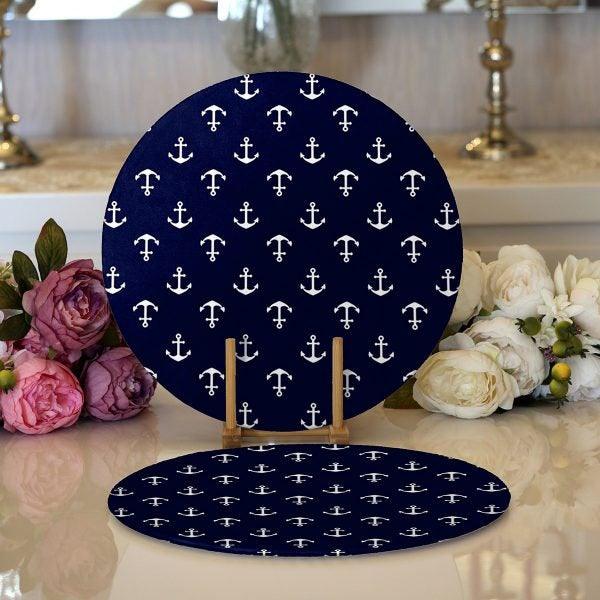 Nautical Placemat|Set of 2 Nautical Supla Table Mat|Navy Anchor Round American Service Dining Underplate|Navy Wheel Beach House Coasters