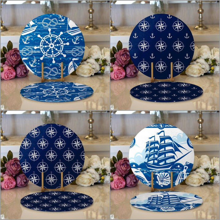 Nautical Placemat|Set of 2 Nautical Supla Table Mat|Navy Anchor Round American Service Dining Underplate|Navy Wheel Beach House Coasters