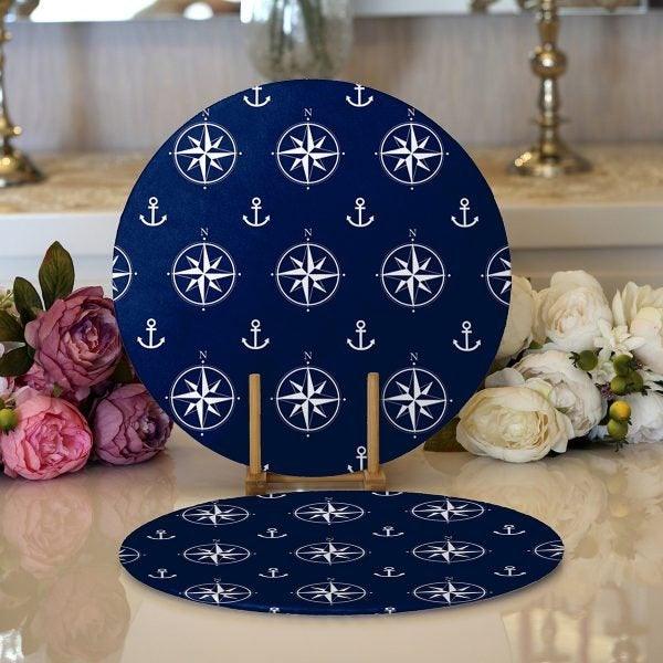 Nautical Placemat|Set of 2 Nautical Supla Table Mat|Navy Anchor Round American Service Dining Underplate|Navy Wheel Beach House Coasters