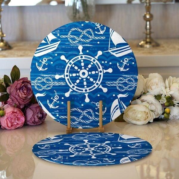 Nautical Placemat|Set of 2 Nautical Supla Table Mat|Navy Anchor Round American Service Dining Underplate|Navy Wheel Beach House Coasters