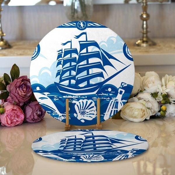 Nautical Placemat|Set of 2 Nautical Supla Table Mat|Navy Anchor Round American Service Dining Underplate|Navy Wheel Beach House Coasters