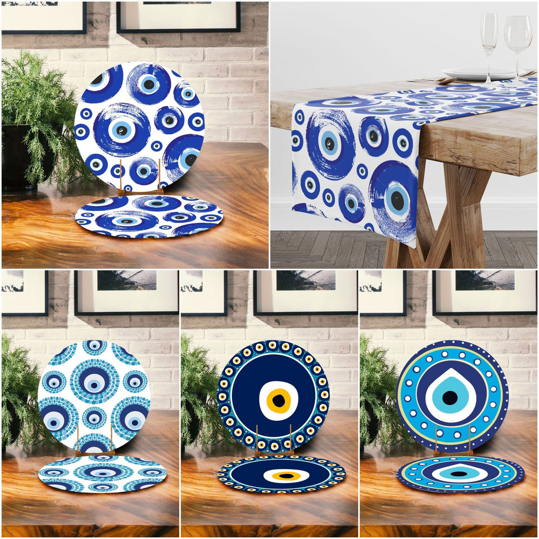 Evil Eye Placemat & Table Runner|Set of 2 Symmetrical All Seeing Eye Supla Table Mat|Round American Service Dining Underplate and Coasters