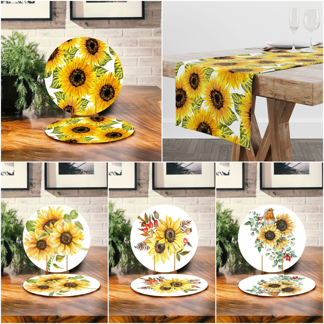 Sunflower Placemat & Table Runner|Floral Table Top|Set of 2 Sunflower Supla Table Mat|Round American Service Dining Underplate and Coasters