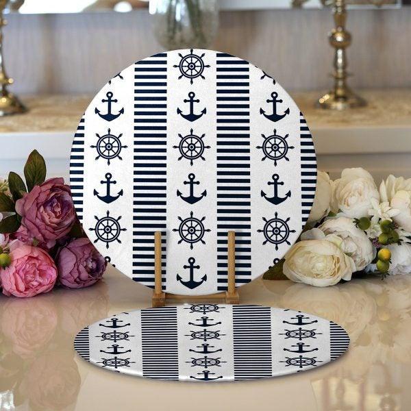 Nautical Placemat|Set of 2 Nautical Supla Table Mat|Navy Anchor Round American Service Dining Underplate|Navy Wheel Beach House Coasters