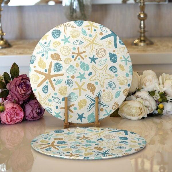 Beach House Placemat|Set of 2 Coastal Supla Table Mat|Starfish Round American Service Dining Underplate|Pale Color Starfish Oyster Coasters