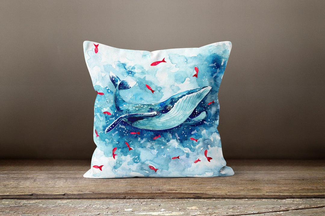 Nautical Pillow Case|Navy Blue Marine Pillow Cover|Decorative Turquoise Cushions|Coastal Throw Pillow|Whale Seahorse Ship Beach House Decor