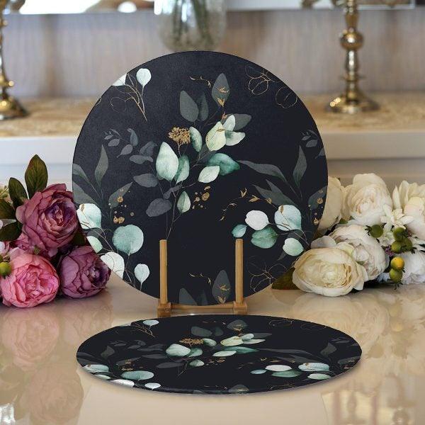 Floral Placemat|Set of 2 Flower Supla Table Mat|Flowers on Black Background Round American Service Dining Underplate|Farmhouse Style Coaster