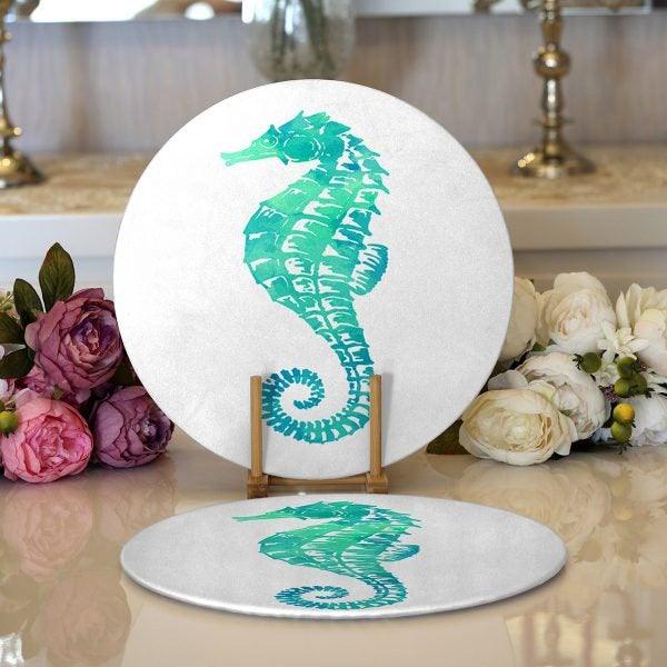 Beach House Placemat|Set of 2 Turquoise Supla Table Mat|Seahorse Round American Service Dining Underplate|Seashell Coral and Oyster Coasters